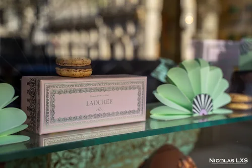Boîte Ladurée et macaron dans une vitrine